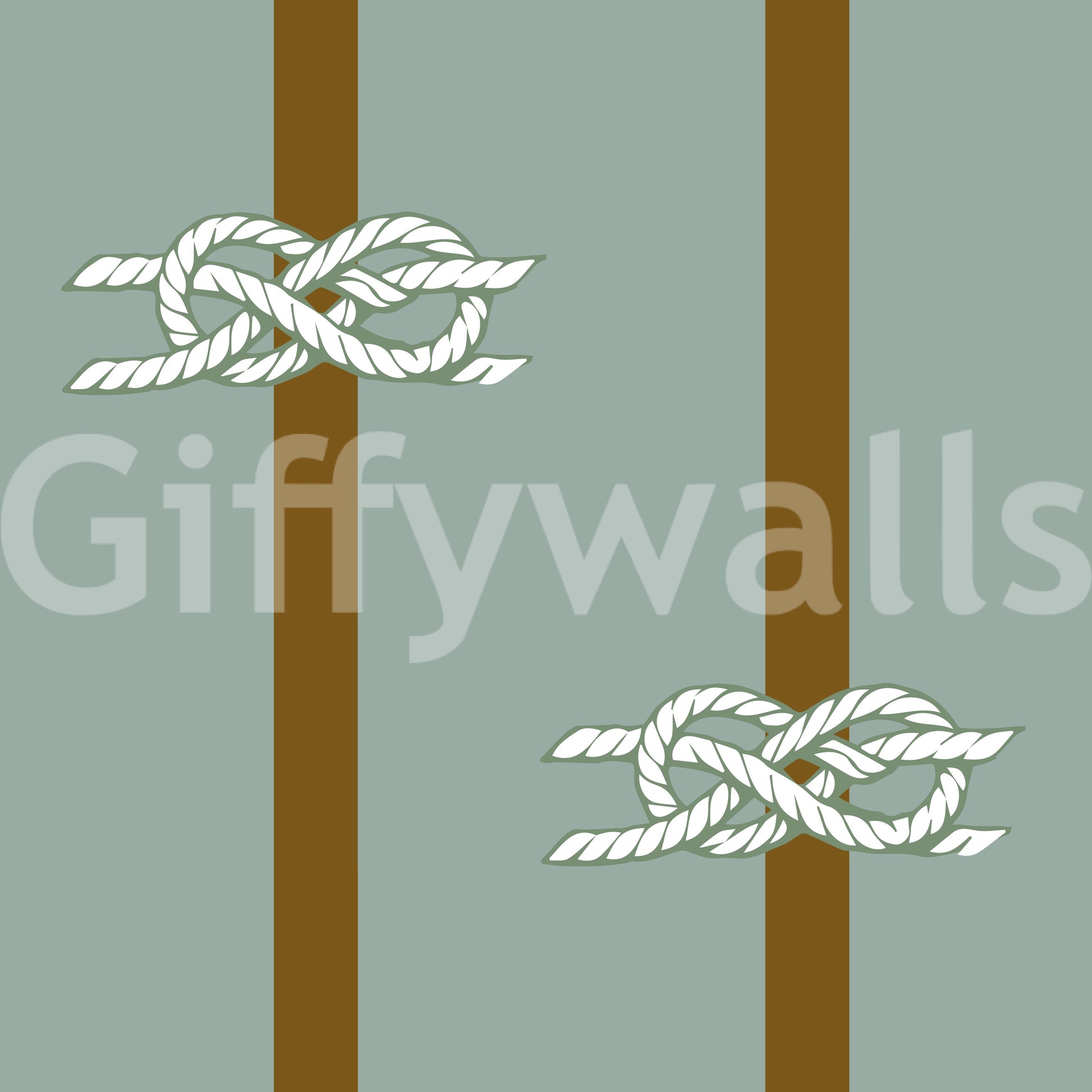 Repeated knot pairs alternate position along brown stripes on this Sage Green wallpaper.