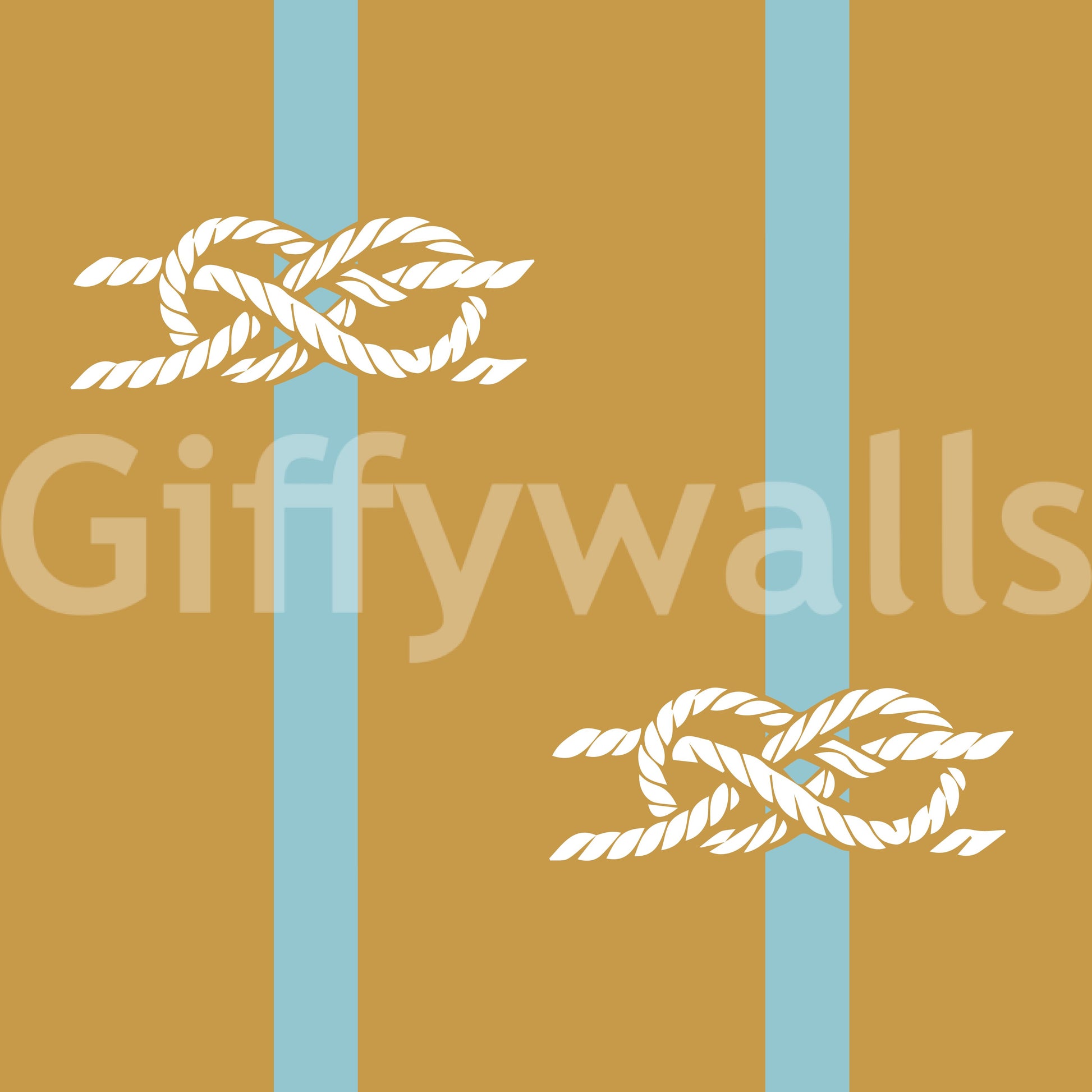 A nautical rope stripe wallpaper layout shows reef knot pairs over a warm ochre ground.