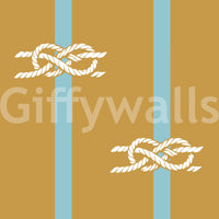 A nautical rope stripe wallpaper layout shows reef knot pairs over a warm ochre ground.