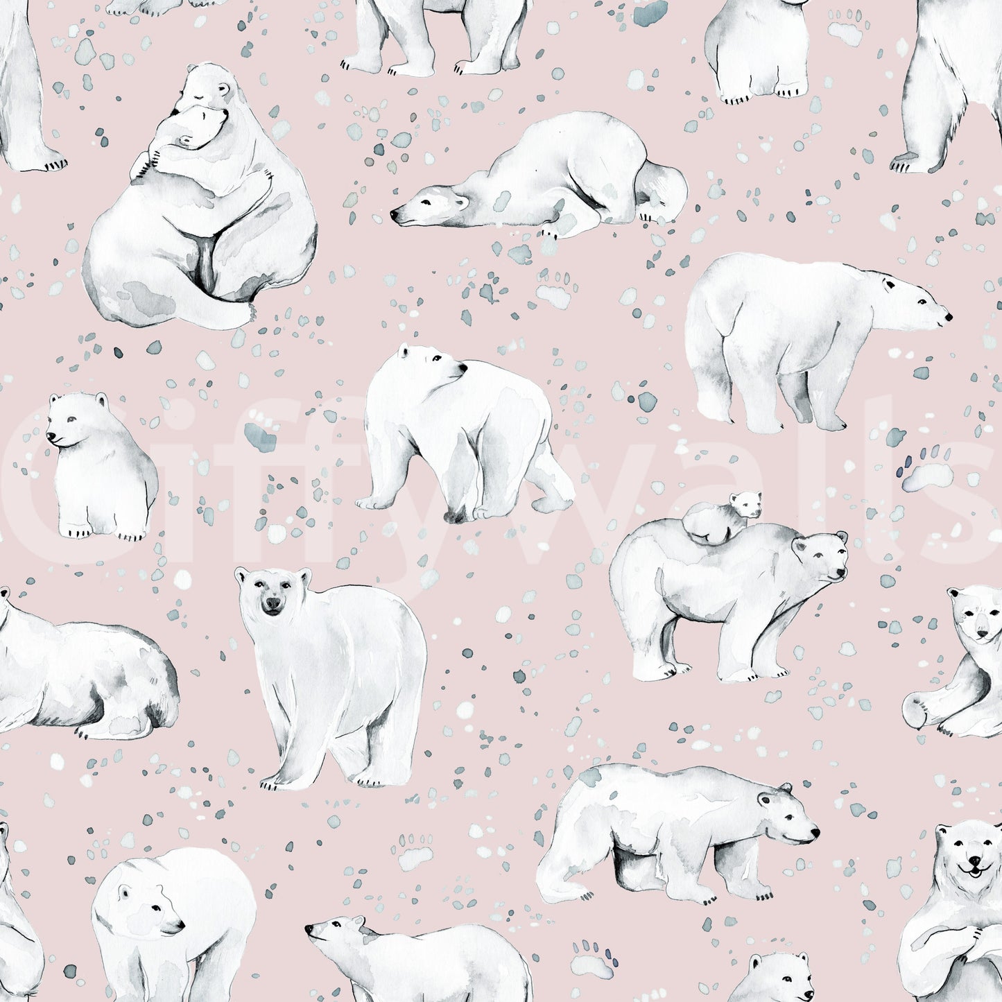 Mother bear with cub on back in Sweet Arctic Bears Dreams Pink wallpaper close view.