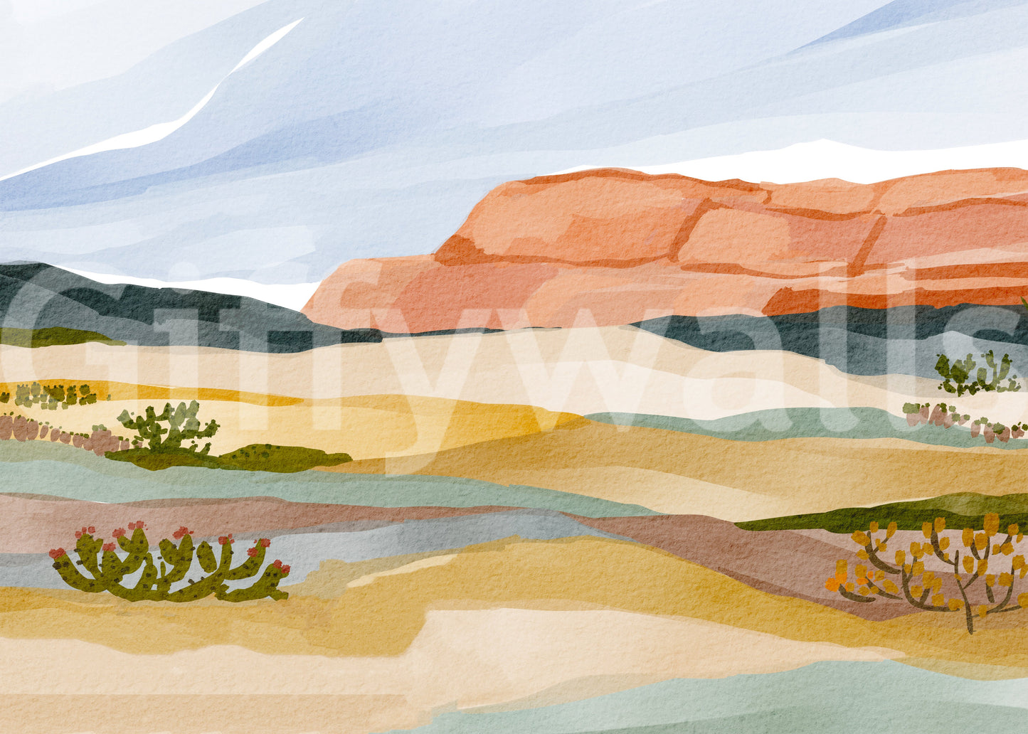 Watercolor Terracotta Desert Landscape Wallpaper Wall Mural
