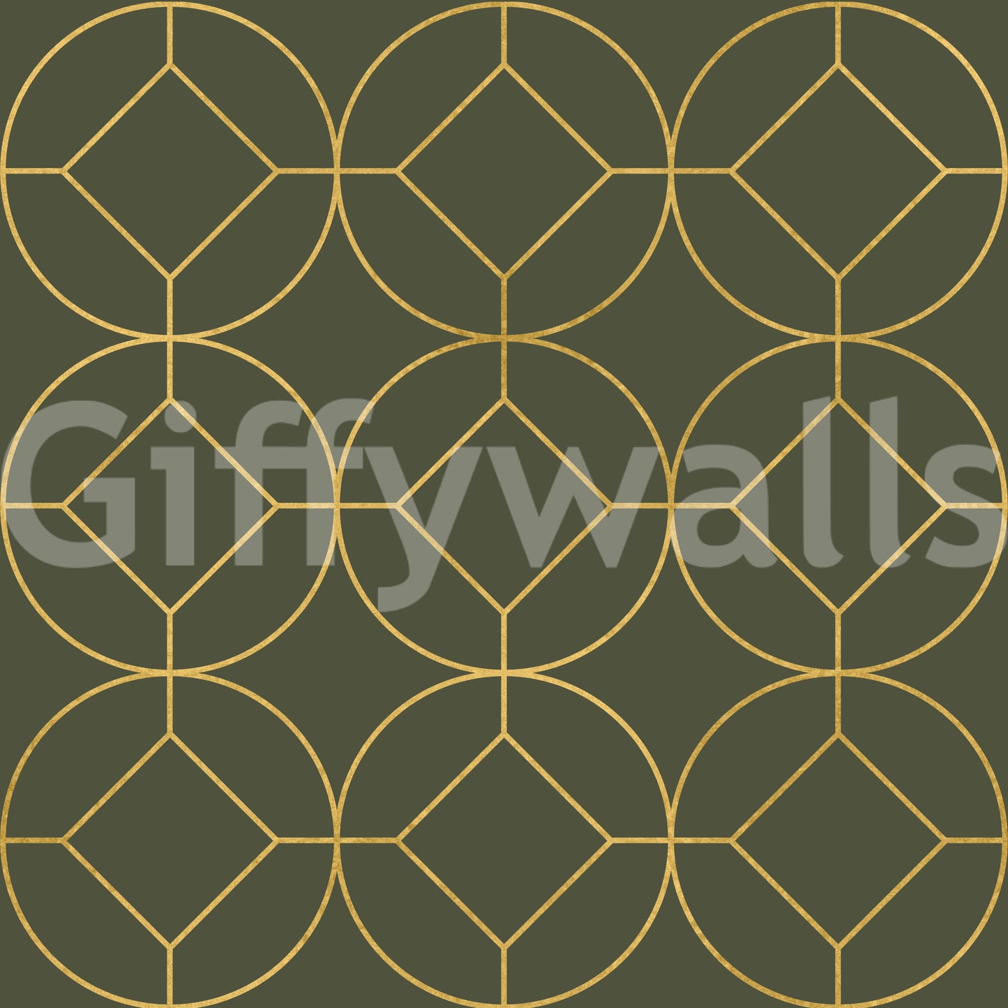 Elegante Art Deco Tapete mit geometrischem Oliv- und Goldmuster