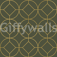 Elegante Art Deco Tapete mit geometrischem Oliv- und Goldmuster