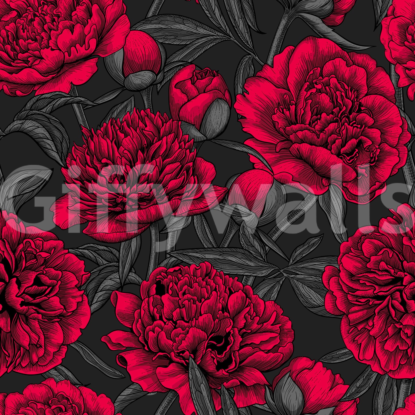 Papel de Parede Floral Escuro Peónia Carmim da Meia-Noite