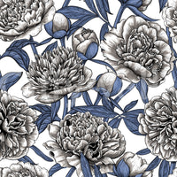 Papier peint vintage bleu et crème avec pivoines gravées