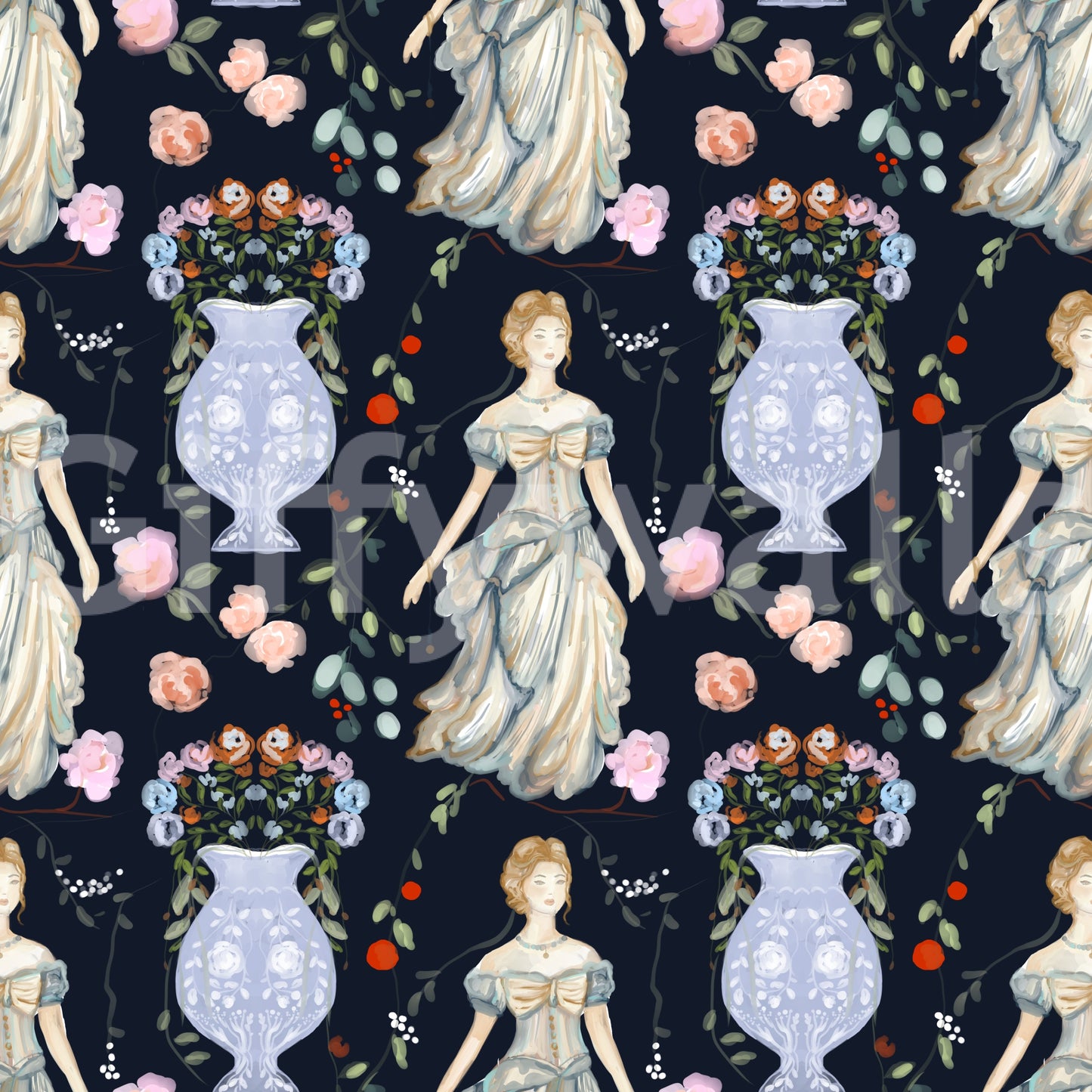 Vintage Eleganz Renaissance Kleid Blumen Tapete