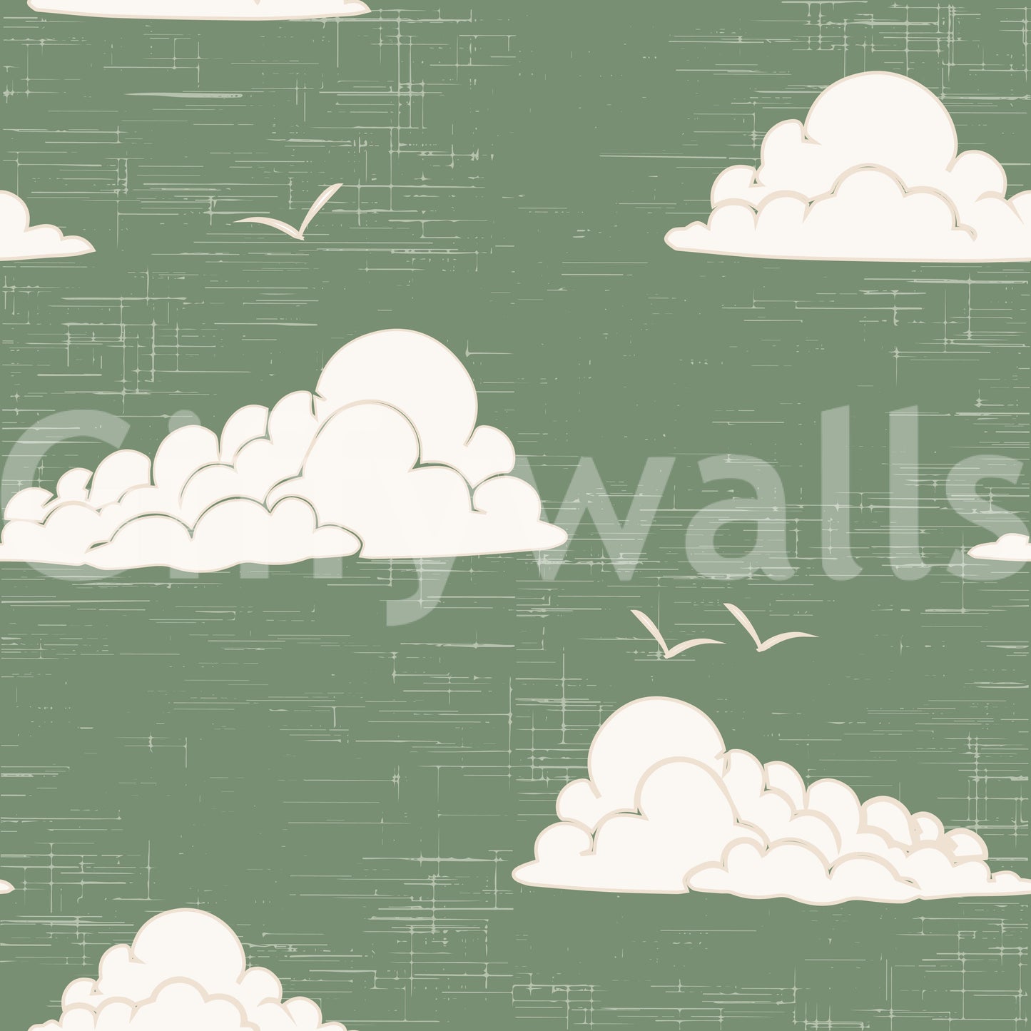 Sage Green Mid Century Cloud Sky Wallpaper Wallpaper⁠