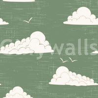 Sage Green Mid Century Cloud Sky Wallpaper Wallpaper⁠