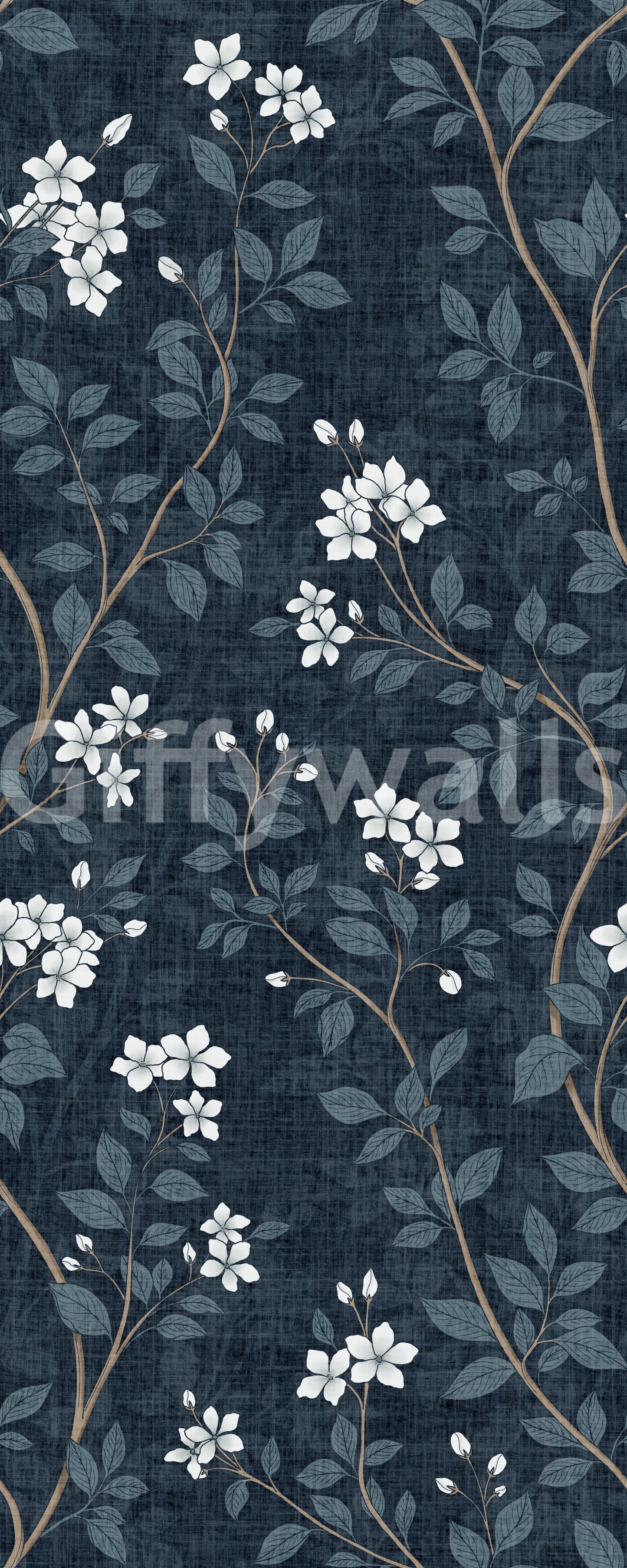 Papier peint élégant à fleurs blanches sur lin indigo⁠