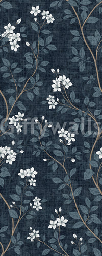Papier peint élégant à fleurs blanches sur lin indigo⁠