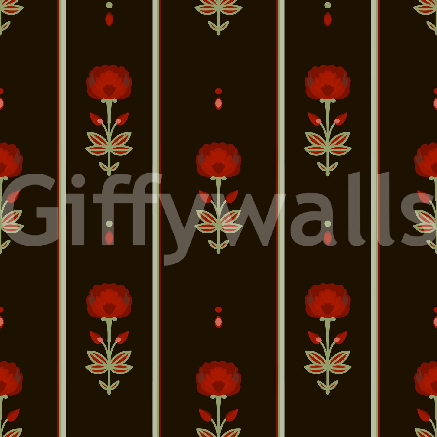 Papier peint rayé floral art populaire cramoisi