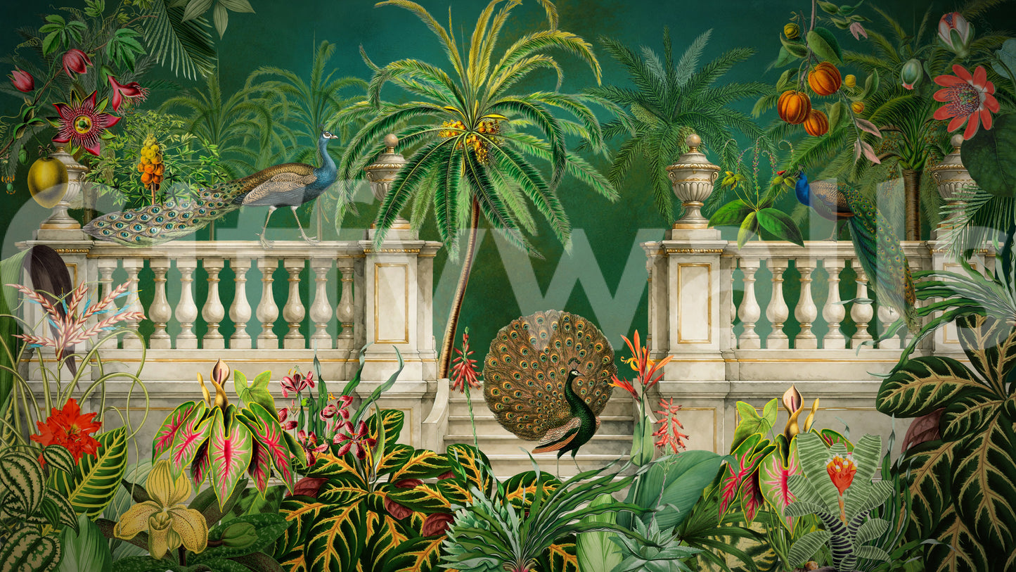 Fresque murale Paon Majestueux et Balustrade Tropicale