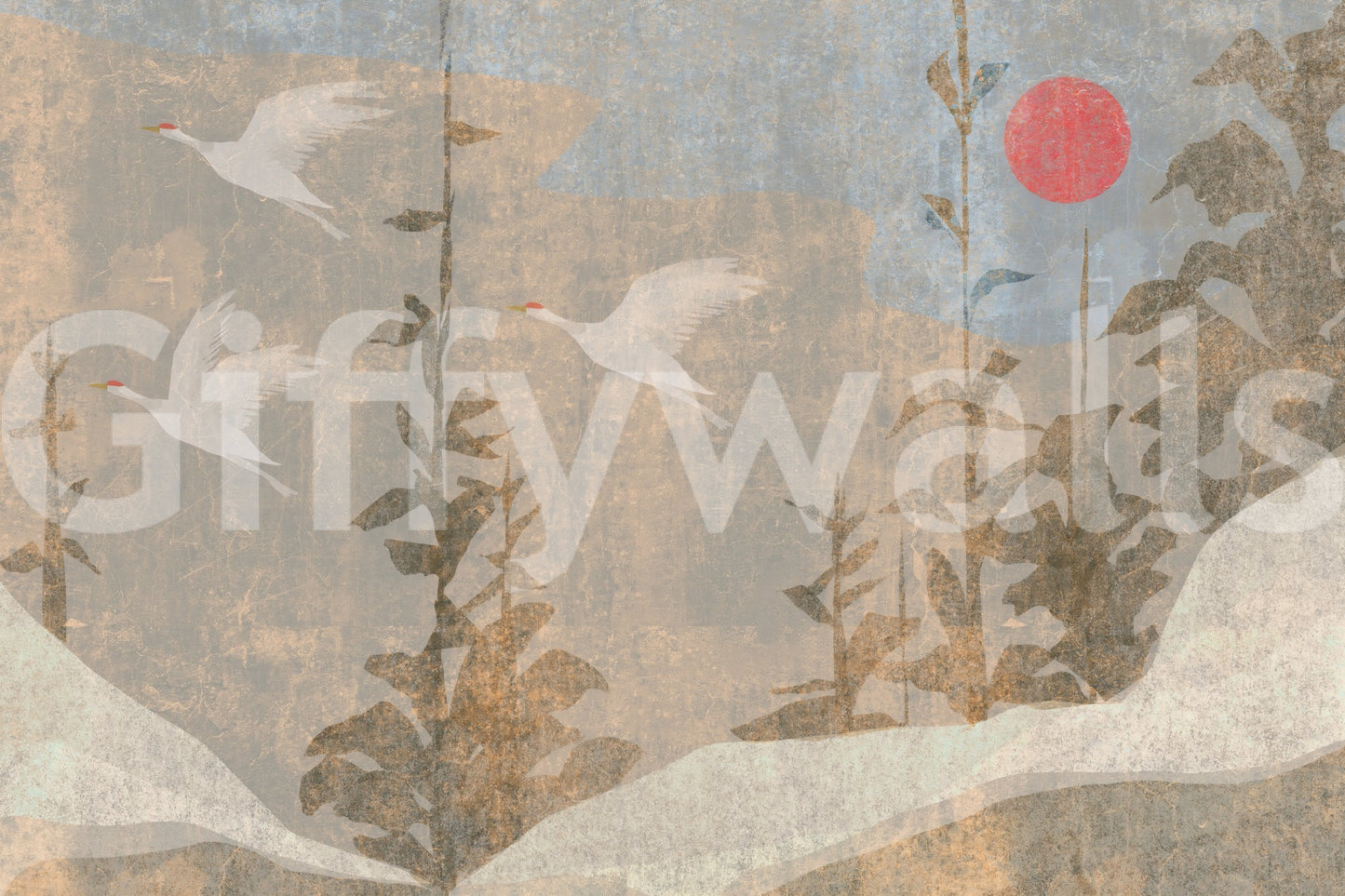 Wandbild mit fliegenden Kranichen und purpurner Sonne