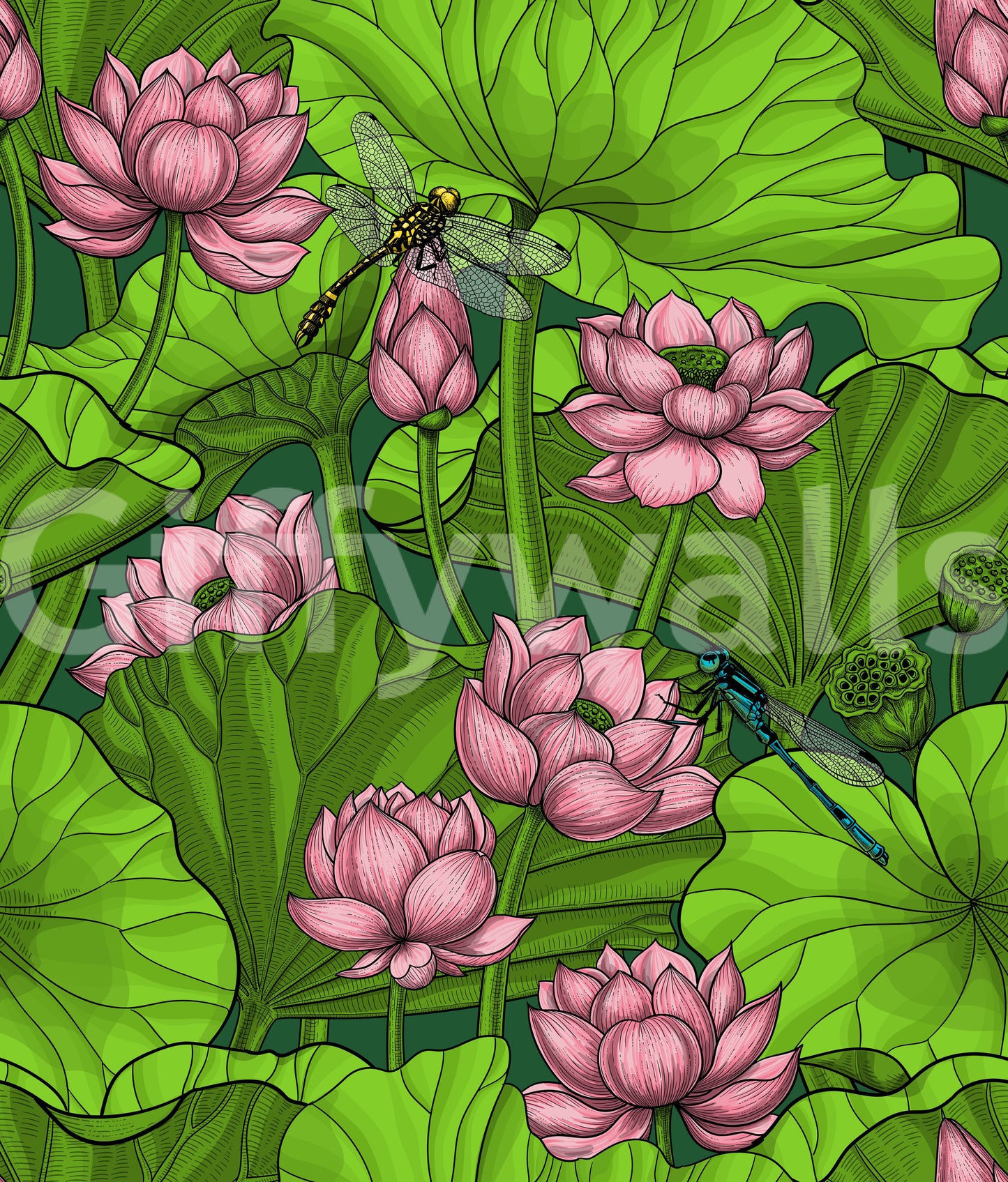Papier peint Étang de lotus zen avec libellules