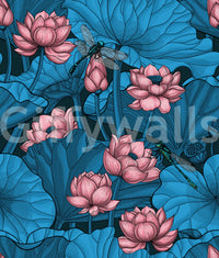 Zen-Lotus-Teich mit Libellen in Rosa und Blau Tapete