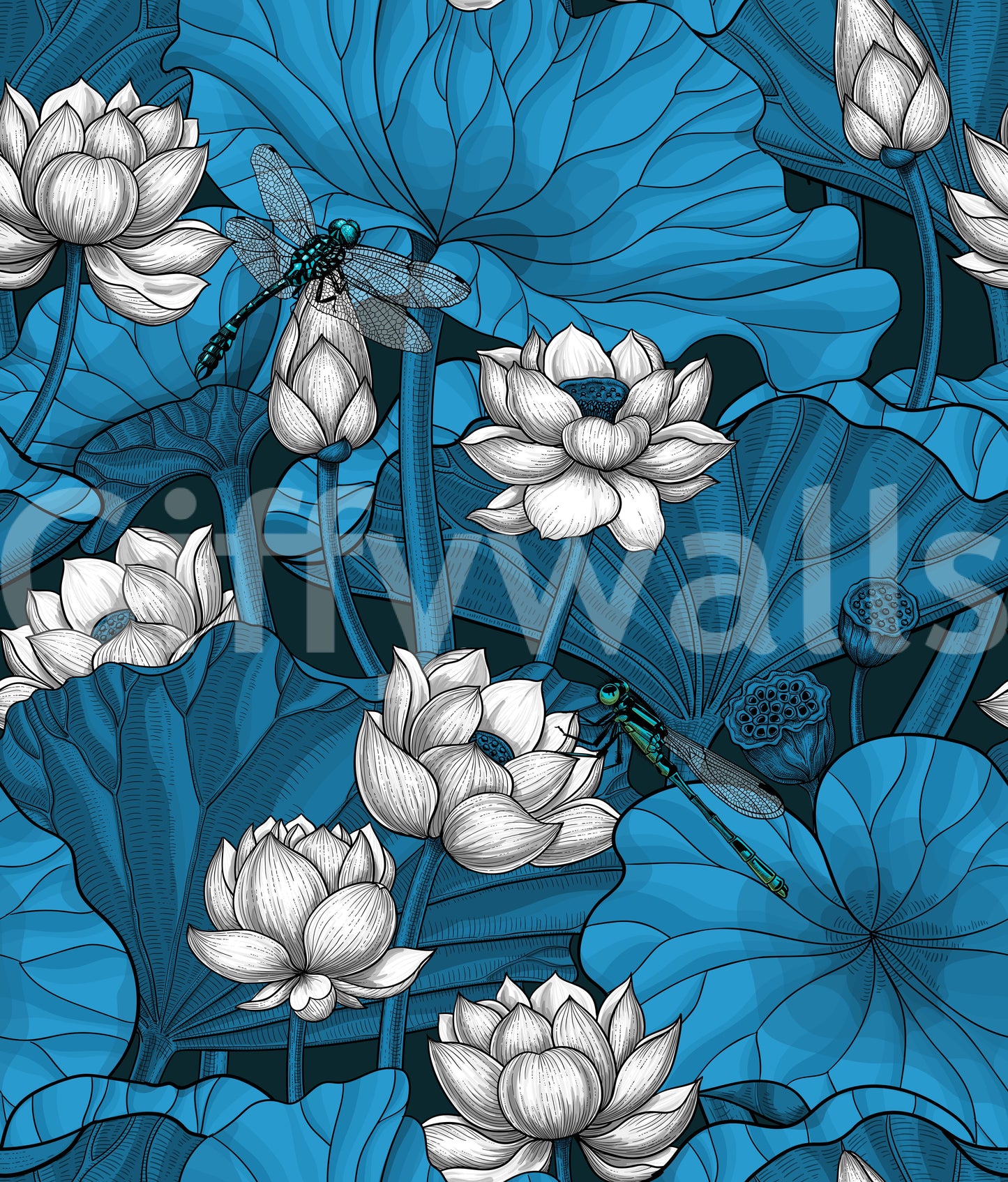 Papier peint Étang de lotus zen avec libellules en blanc et bleu