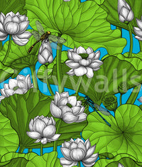 Zen Lotus Pond with Dragonflies in white and green Wallpaper⁠