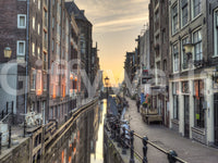 Papier peint panoramique scène du canal d'Amsterdam à l'heure dorée