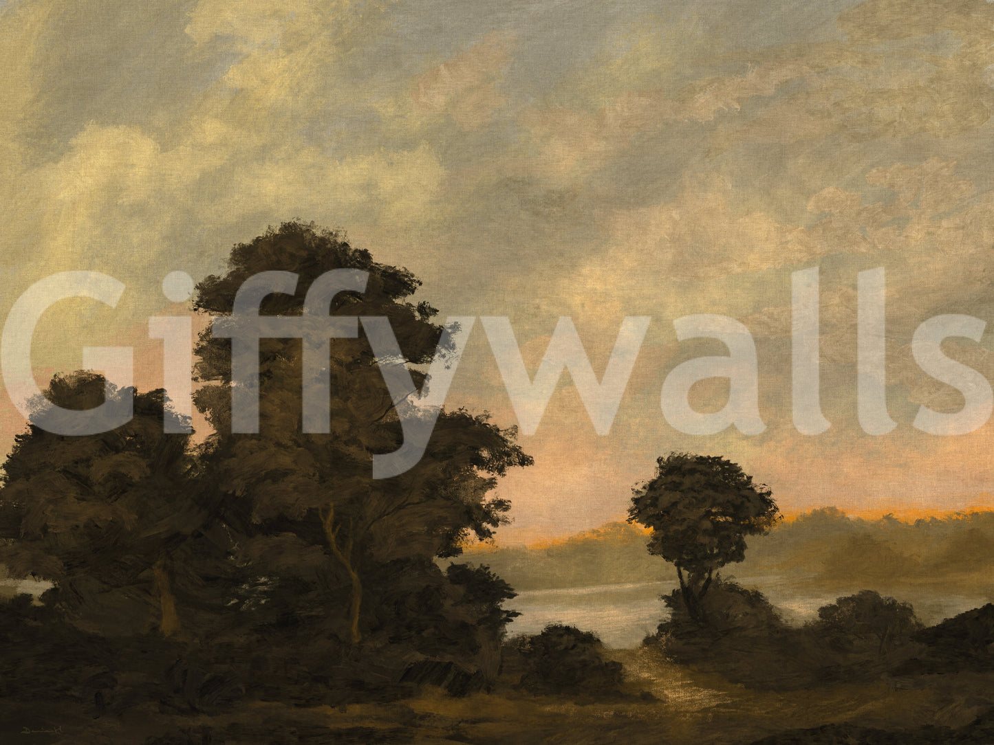 Mural de pared de paisaje de bosque al atardecer rústico