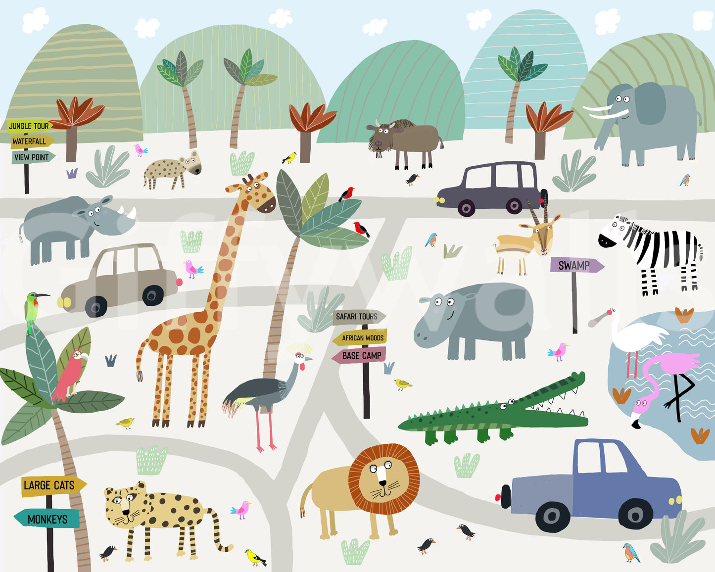 Safari Animal Adventure Map Wall Mural