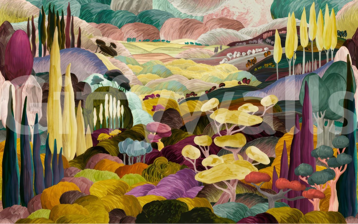 Painterly landscape wallpaper with bold earthy colours and flowing terrain GD11356