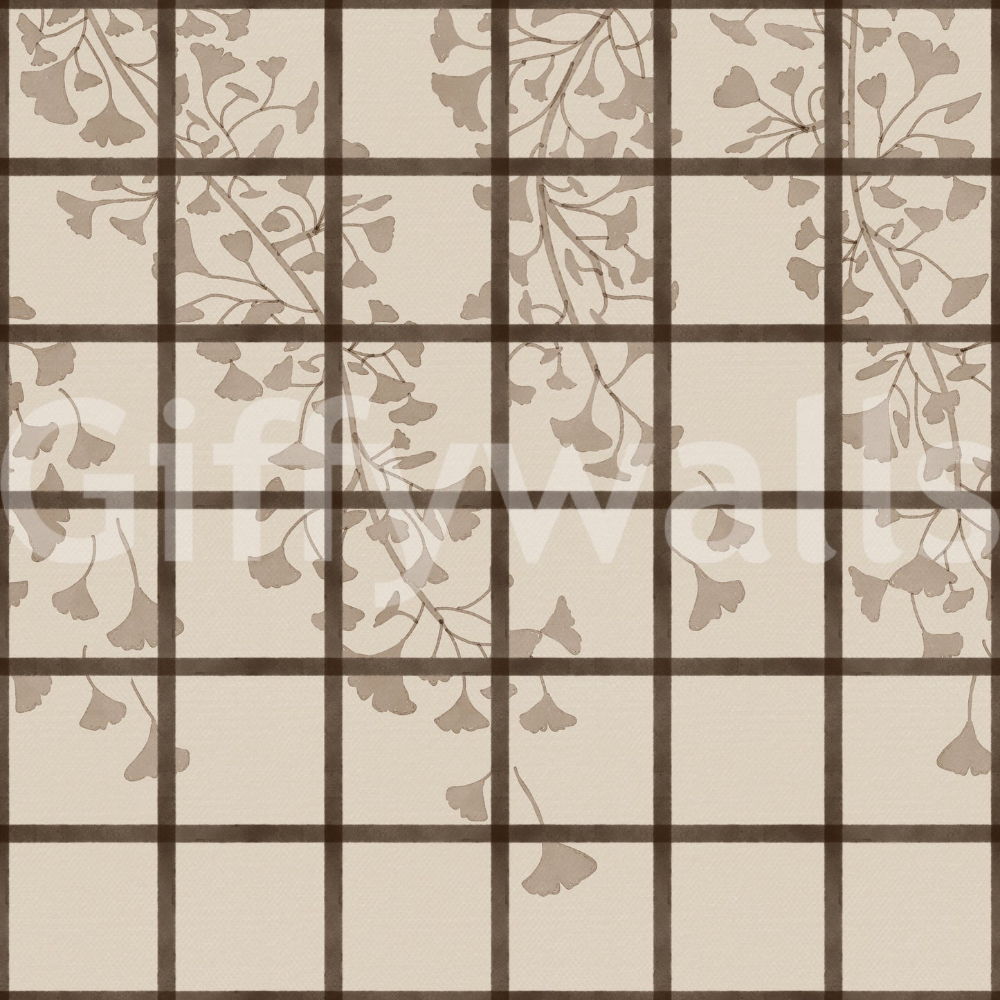 Neutral cream and brown fill the ginkgo shoji wall mural behind fine dark panels GD11495