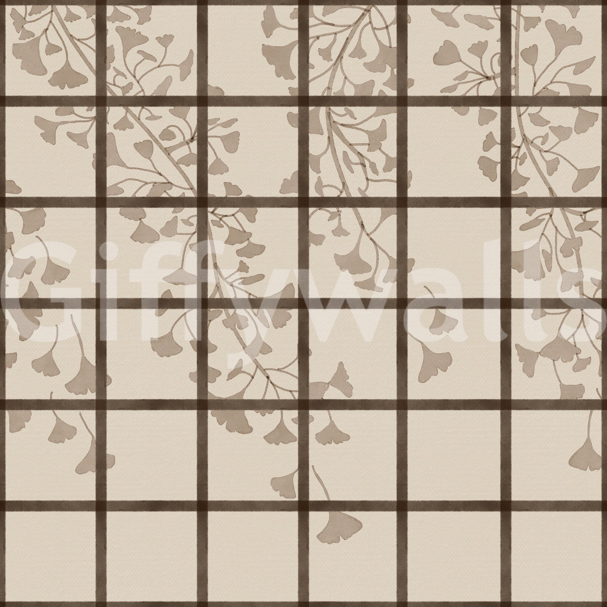 Neutral cream and brown fill the ginkgo shoji wall mural behind fine dark panels GD11495