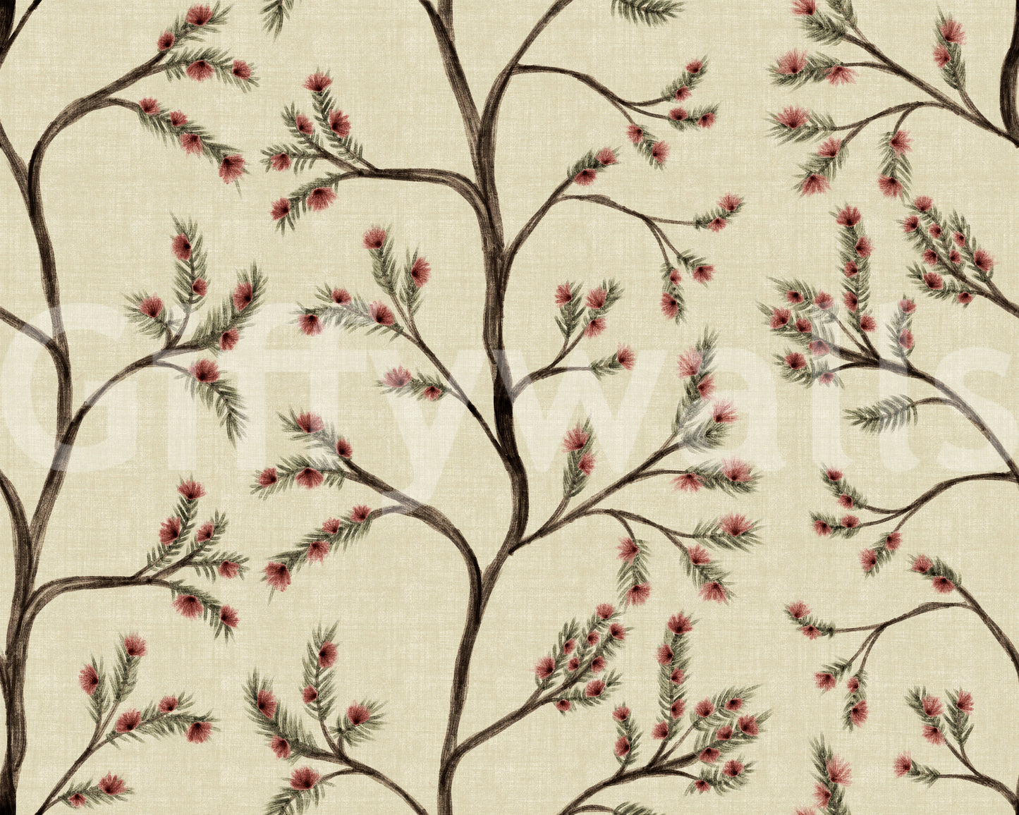 Branches florales asiatiques sur papier peint lin antique⁠