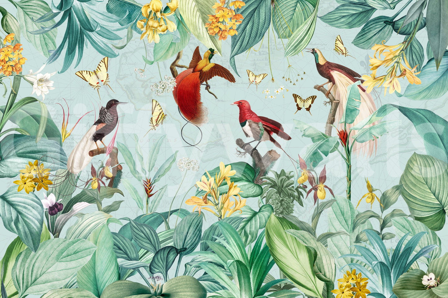 Vægmaleri med illustration af eksotisk fugl og tropisk flora