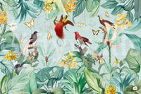Vægmaleri med illustration af eksotisk fugl og tropisk flora