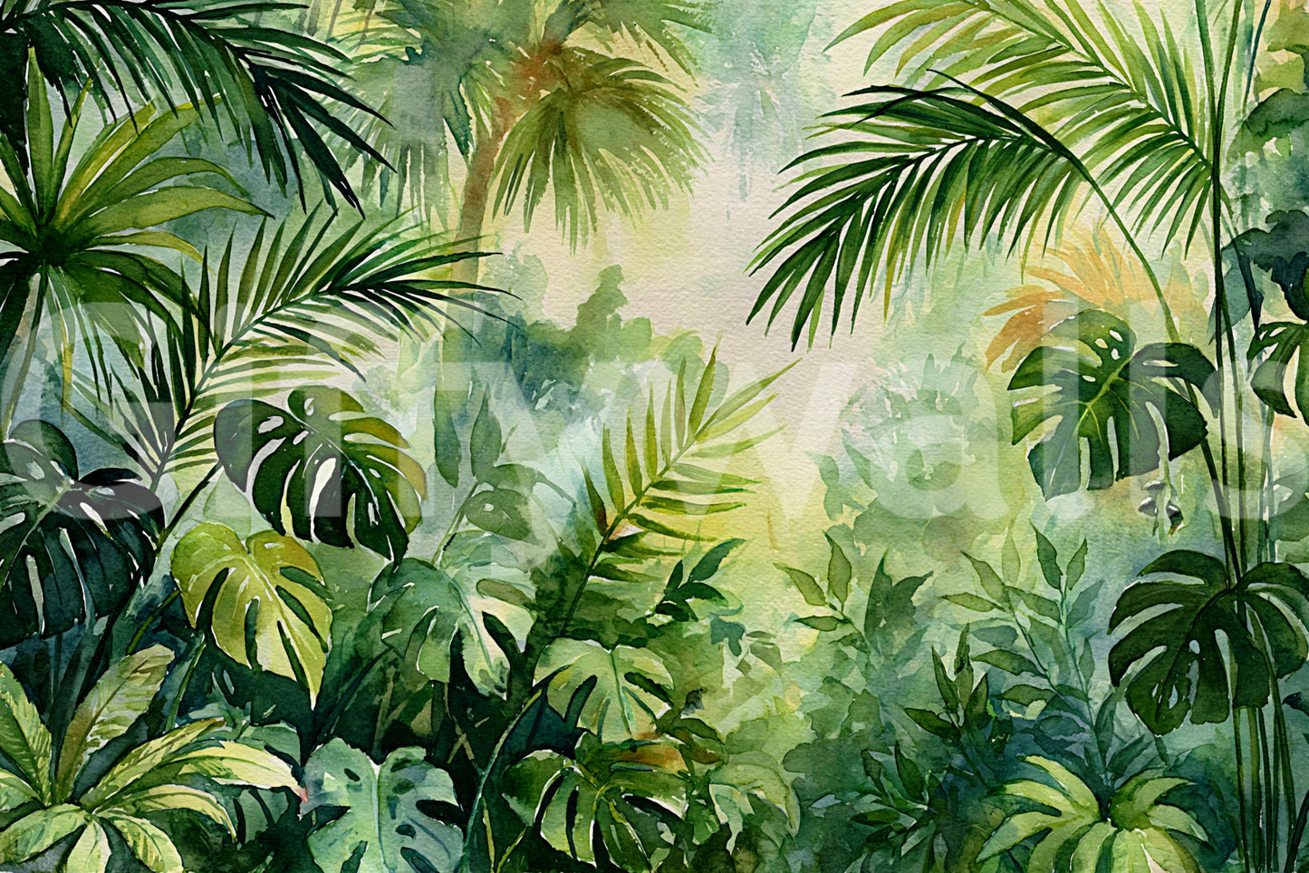 Murale da parete con fogliame di oasi tropicale nebbiosa