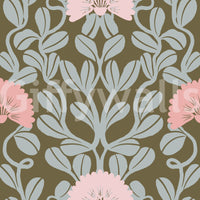 Carta da parati damascata botanica verde salvia e cipria