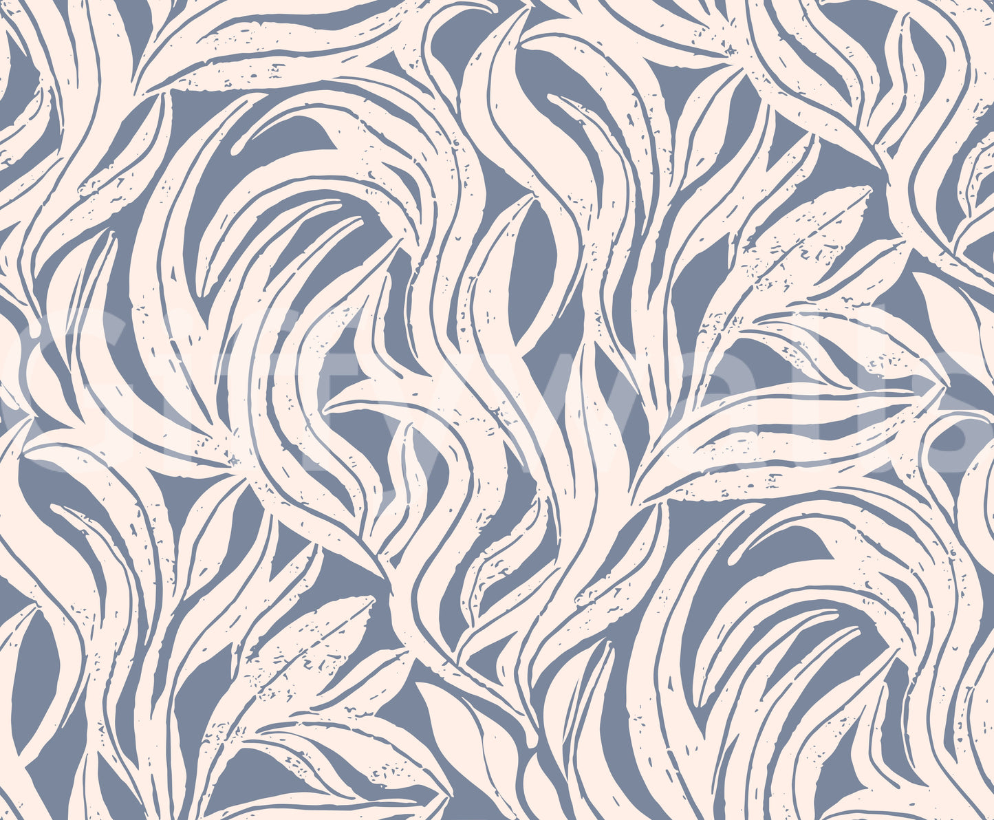 Cream and Blue Flowing Leaf Pattern Wallpaper⁠
