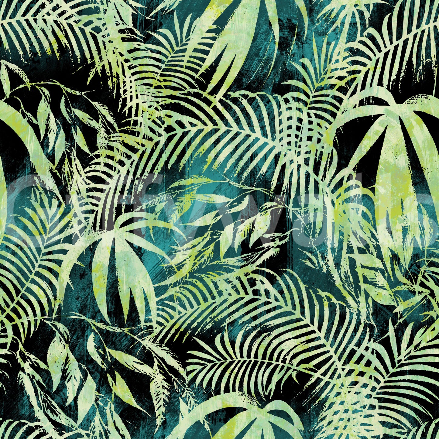 Carta da parati con sovrapposizione astratta di palme tropicali