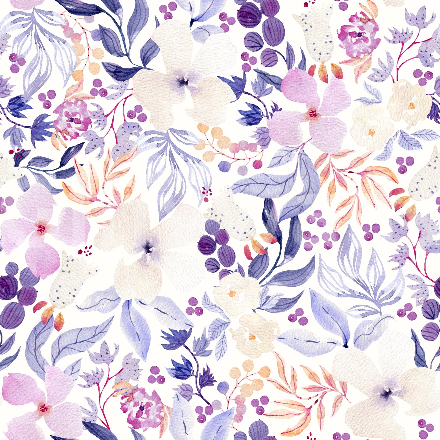 Lavendelfarvet akvarelblomstertapet med havemotiv