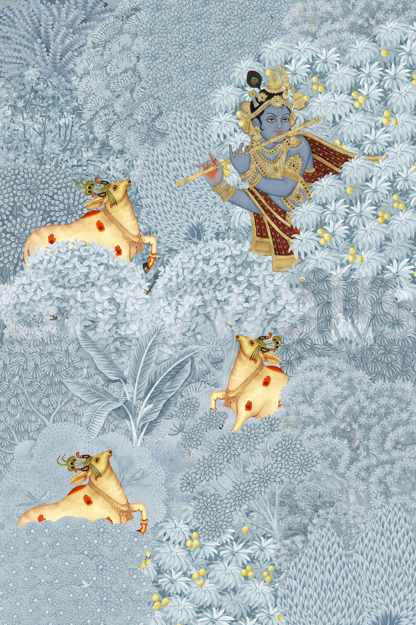Wandbild „Krishna und Kühe im Wald“