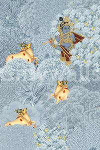 Wandbild „Krishna und Kühe im Wald“