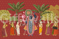 Traditionel indisk kunst med Krishna og gopierne som vægmaleri