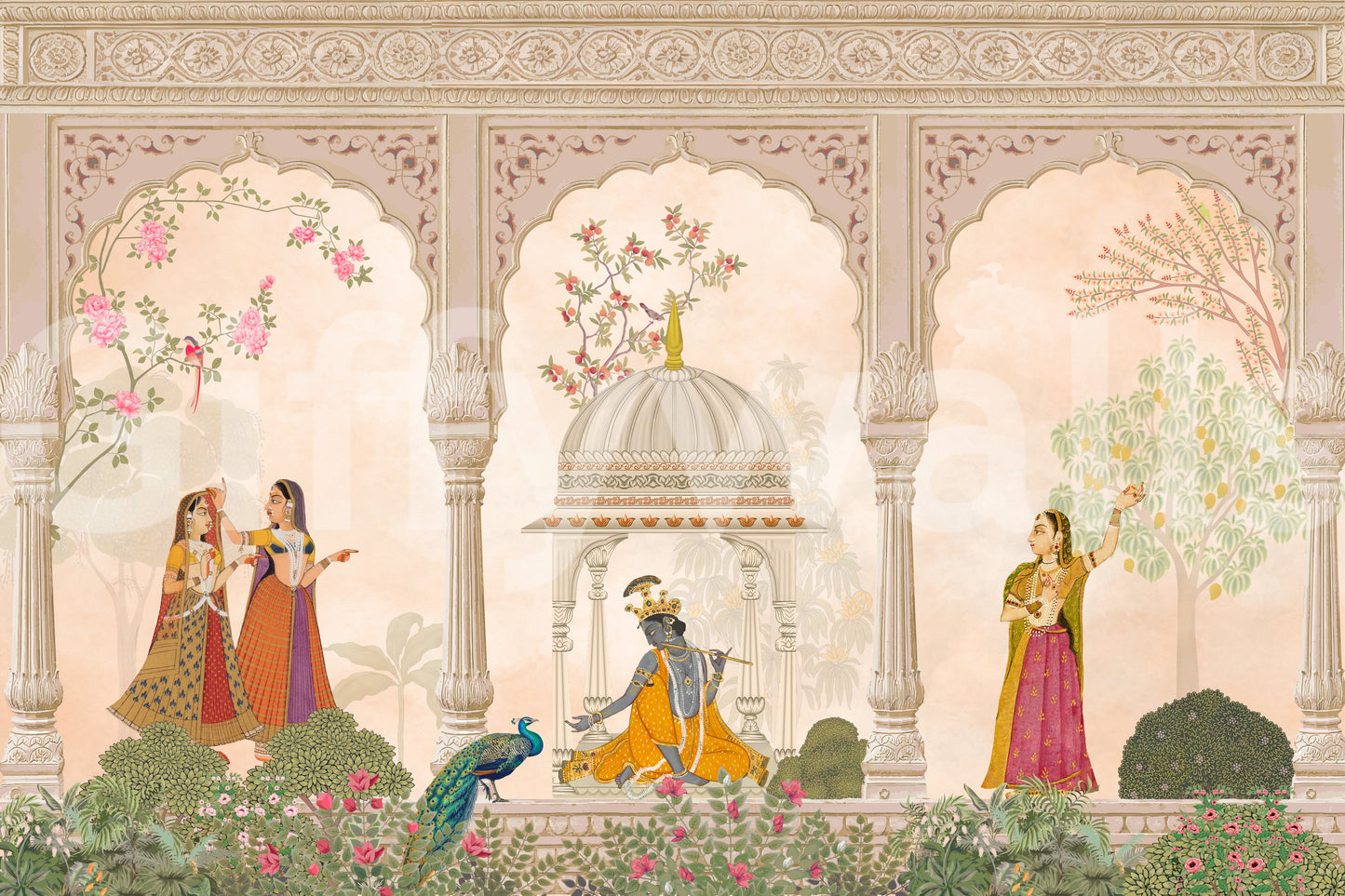 Fresque murale représentant Krishna et les gopis dans une scène traditionnelle de cour indienne