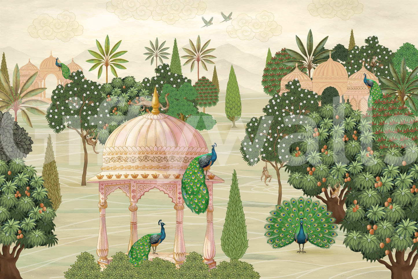 Royal Garden Peacocks and Temples Wall Mural