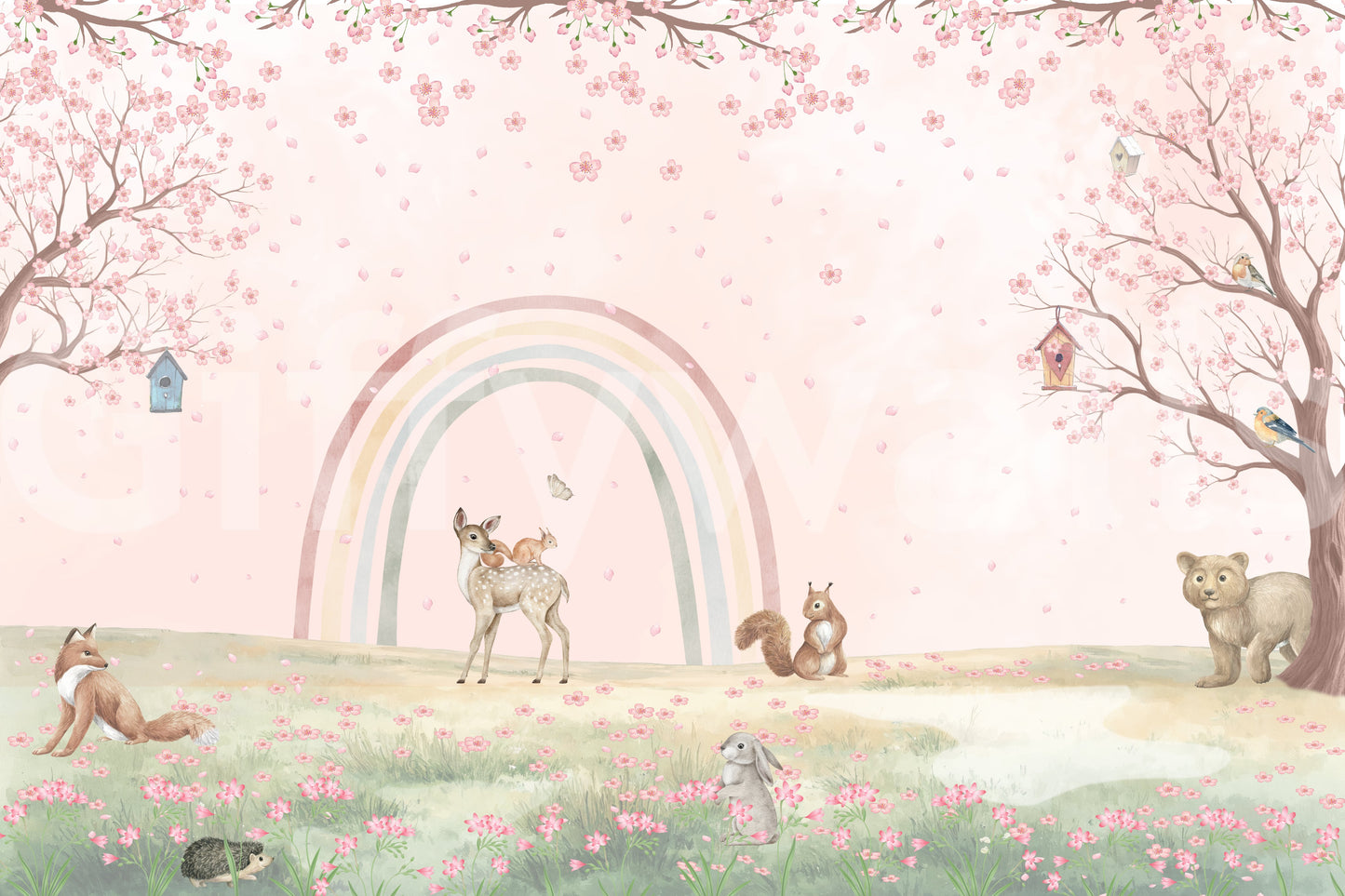Fresque murale « Amis de la forêt fantaisistes avec arc-en-ciel pastel »