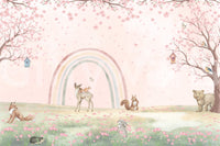 Fresque murale « Amis de la forêt fantaisistes avec arc-en-ciel pastel »