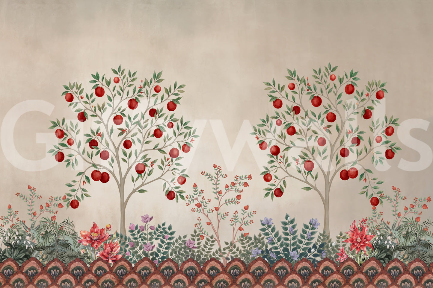 Papier peint panoramique imprimé « Verger fruitier rustique » d’inspiration patrimoniale