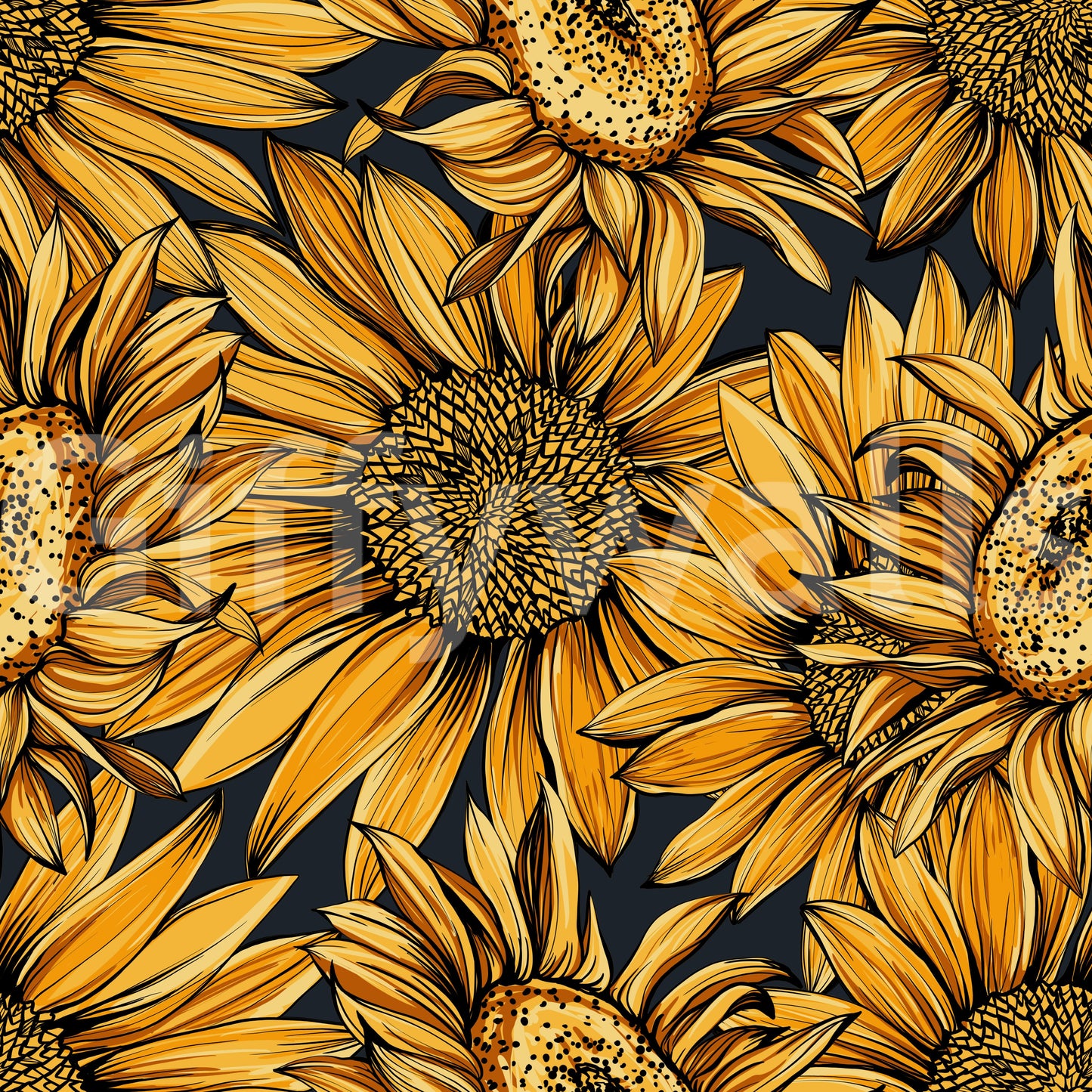 Tapete mit botanischer Illustration einer goldenen Sonnenblume