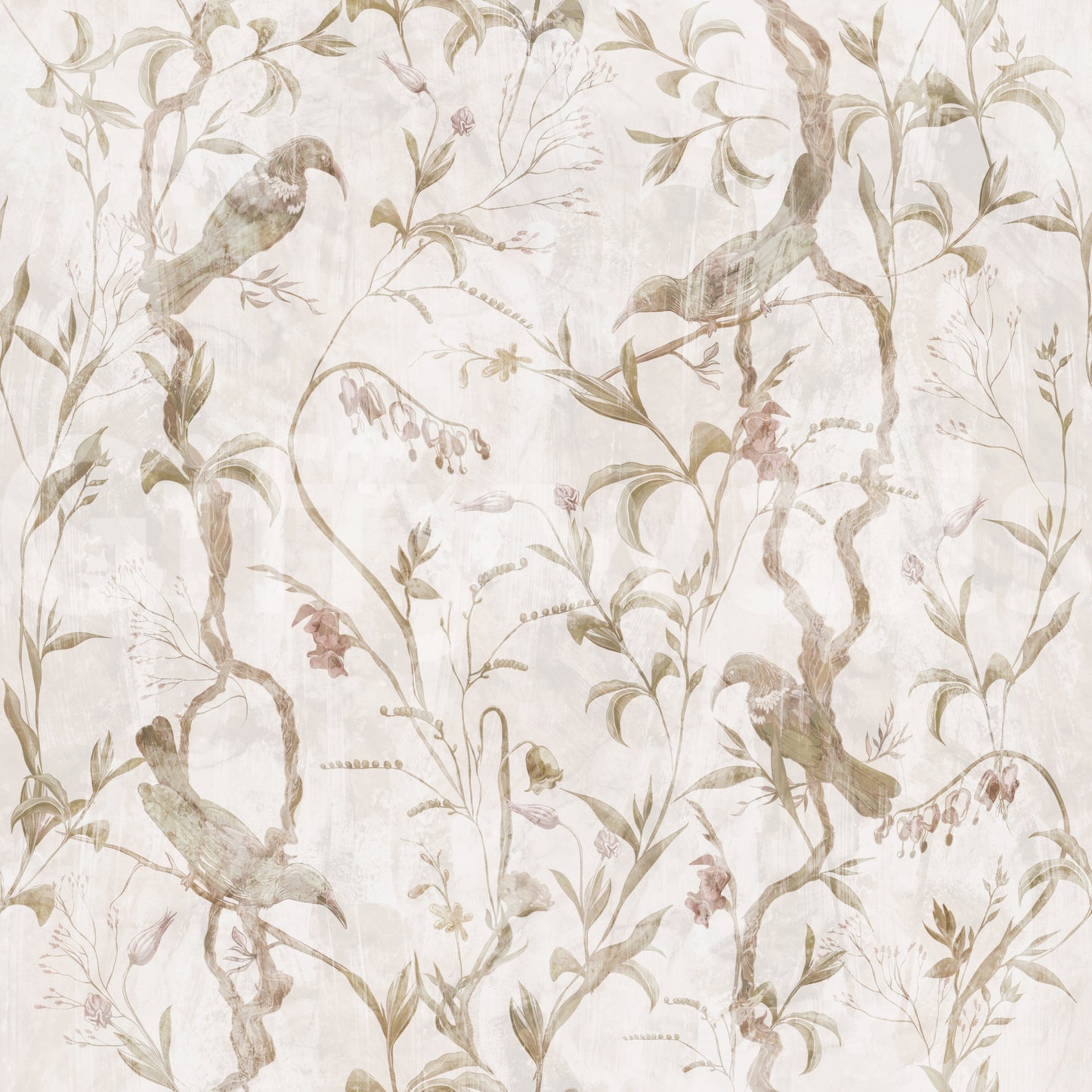 Papier peint illustré éthéré représentant des oiseaux et des lianes