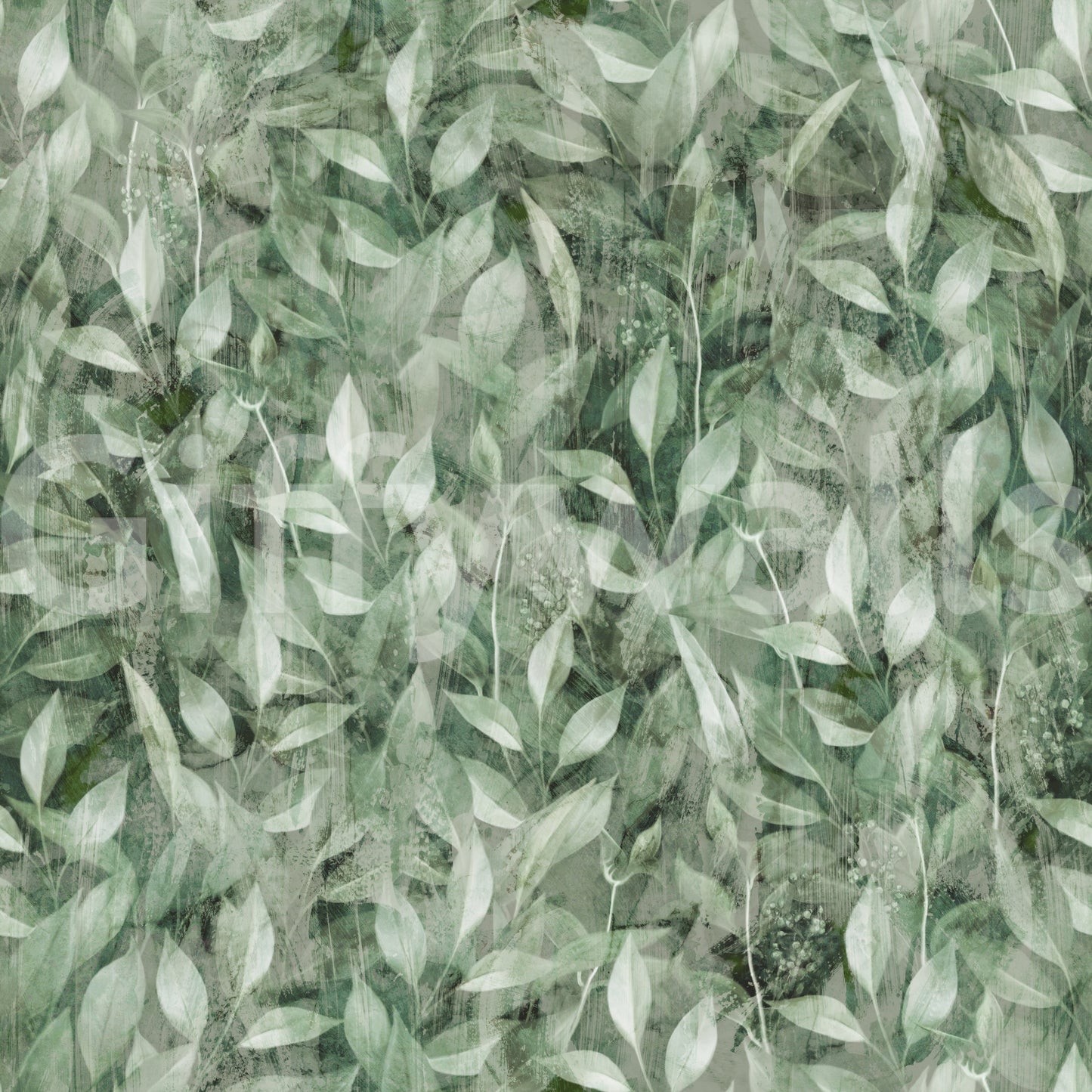 Papier peint artistique à motif de feuilles forestières ombrées aux tons doux