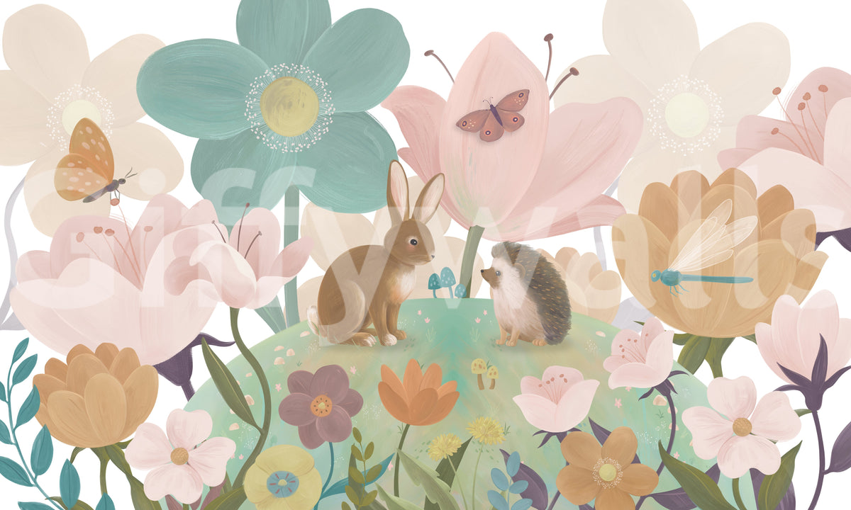 Meadow friends design with pastel garden blooms, a bunny and a hedgehog GD12394