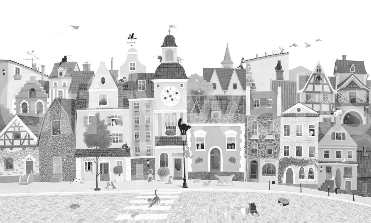 Feline street scene illustration of tall grey townhouses with strolling cats GD12395