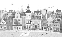 Feline street scene illustration of tall grey townhouses with strolling cats GD12395