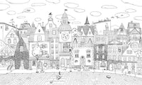 Whimsical cat cityscape line-art design in black and white on a plain white background GD12396